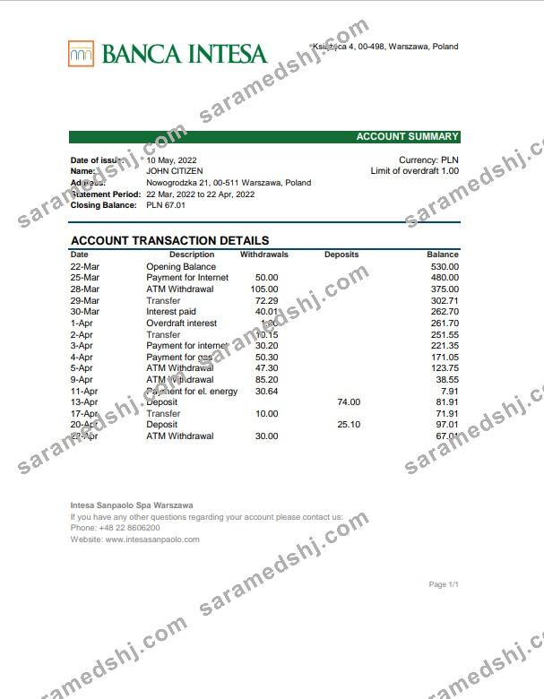 Poland Banca Intesa bank statement Excel and PDF template
